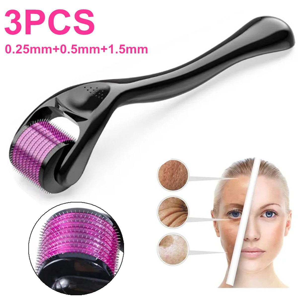 3 Pieces Individual Microneedle Roller Derma Roller 0.25mm & 0.50mm & 1.50mm US