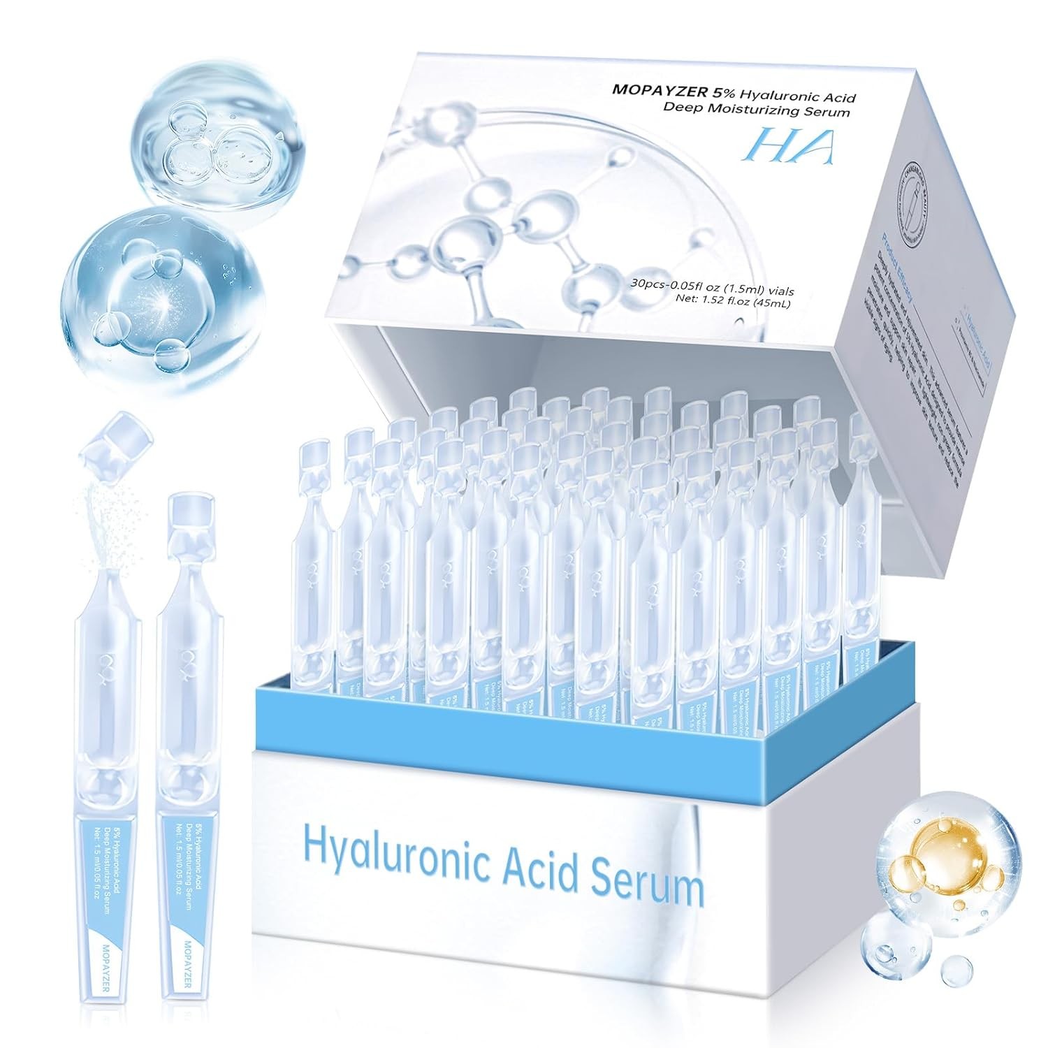 30 Pcs 5% Hyaluronic Acid Serum Ultra-Hydrating Vials, Hyaluronic Acid Tubes, Wa