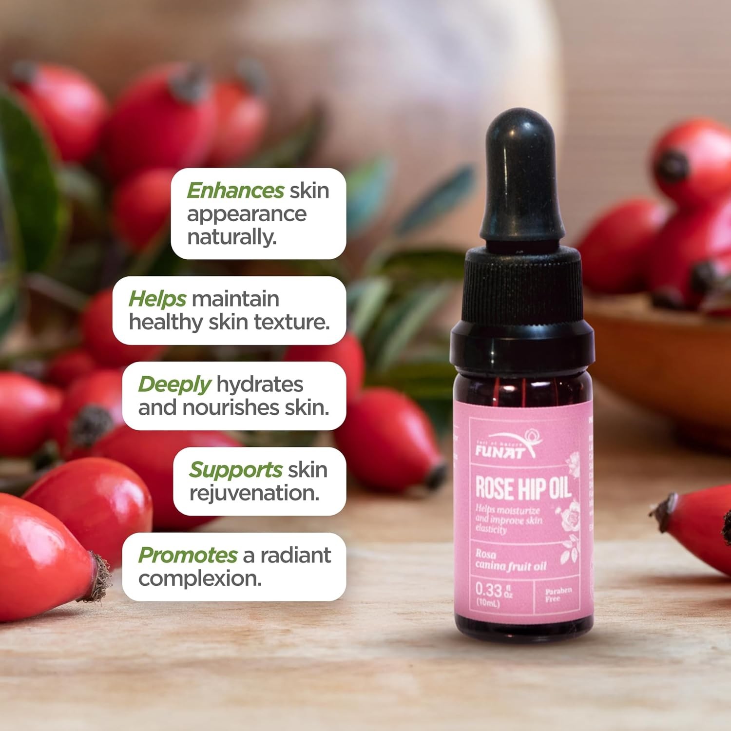 FUNAT 100% Pure Rosehip Oil –Facial & Skin Moisturizer – 0.3 FL OZ | Aceite