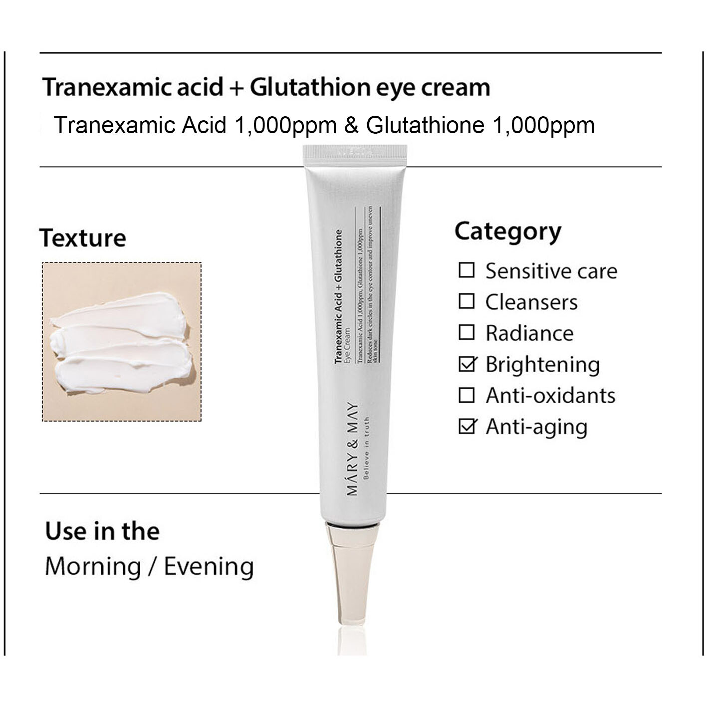 MARY&MAY Tranexamic Acid + Glutathione Eye Cream 1.05oz/30g Anti-aging K-Beauty