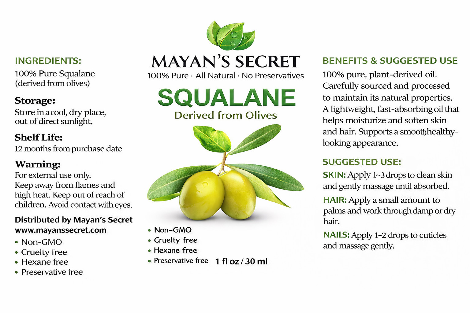 100% Pure Cold Press SQUALANE (Olive) Oil OLEIC ACID Restores Skin Elasticity