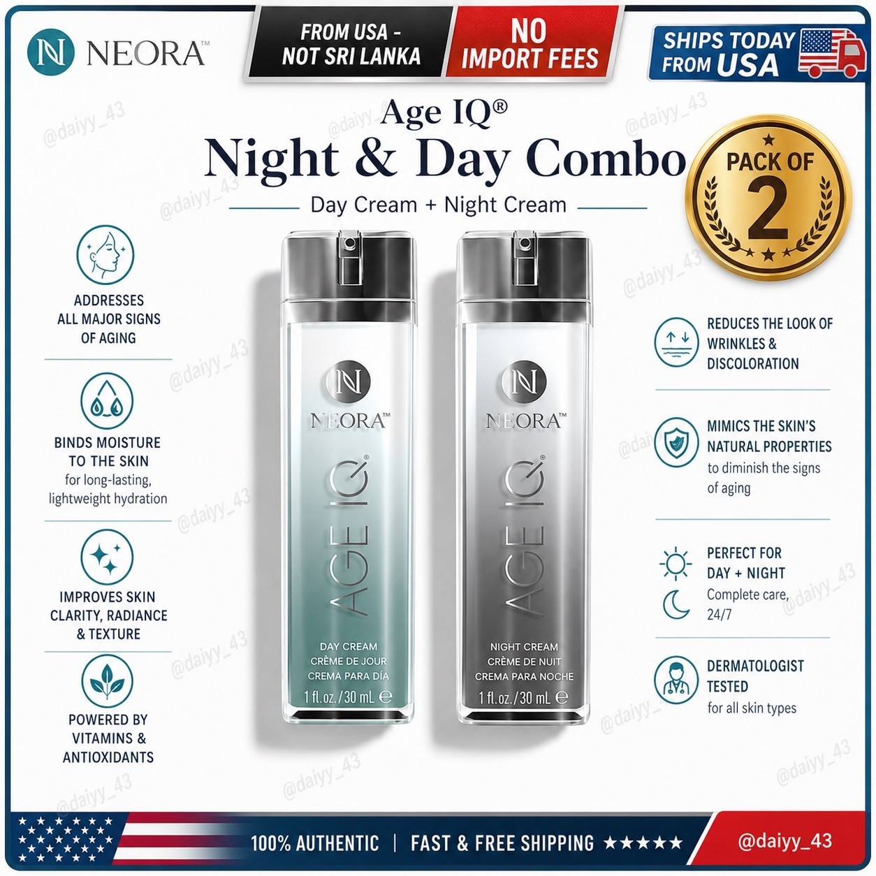 Neora Nerium Age IQ Day & Night Creams Full Size 1 oz Sealed Expiration 10/26 +