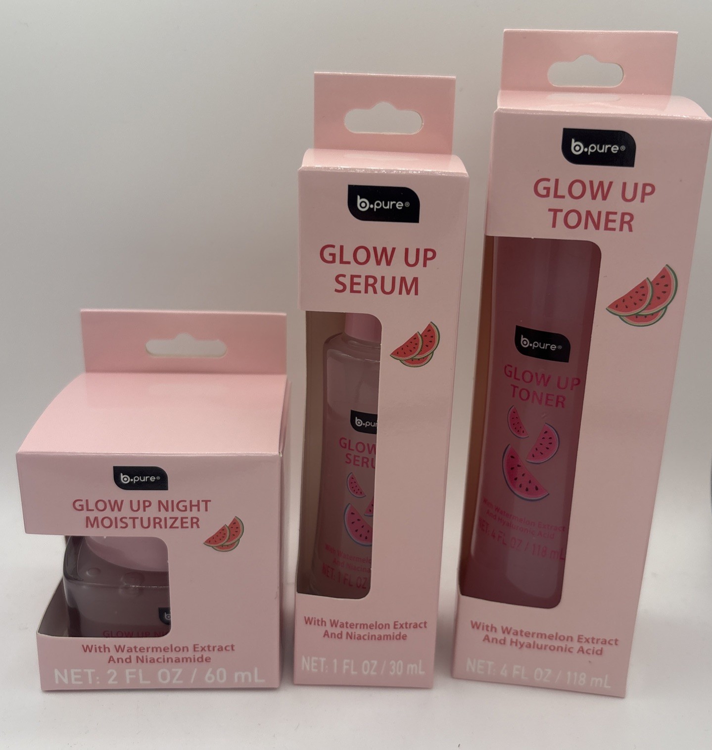 NIB B Pure Glow Up Recipe Set Of 3 Watermelon Toner, Serum, Moisturizer