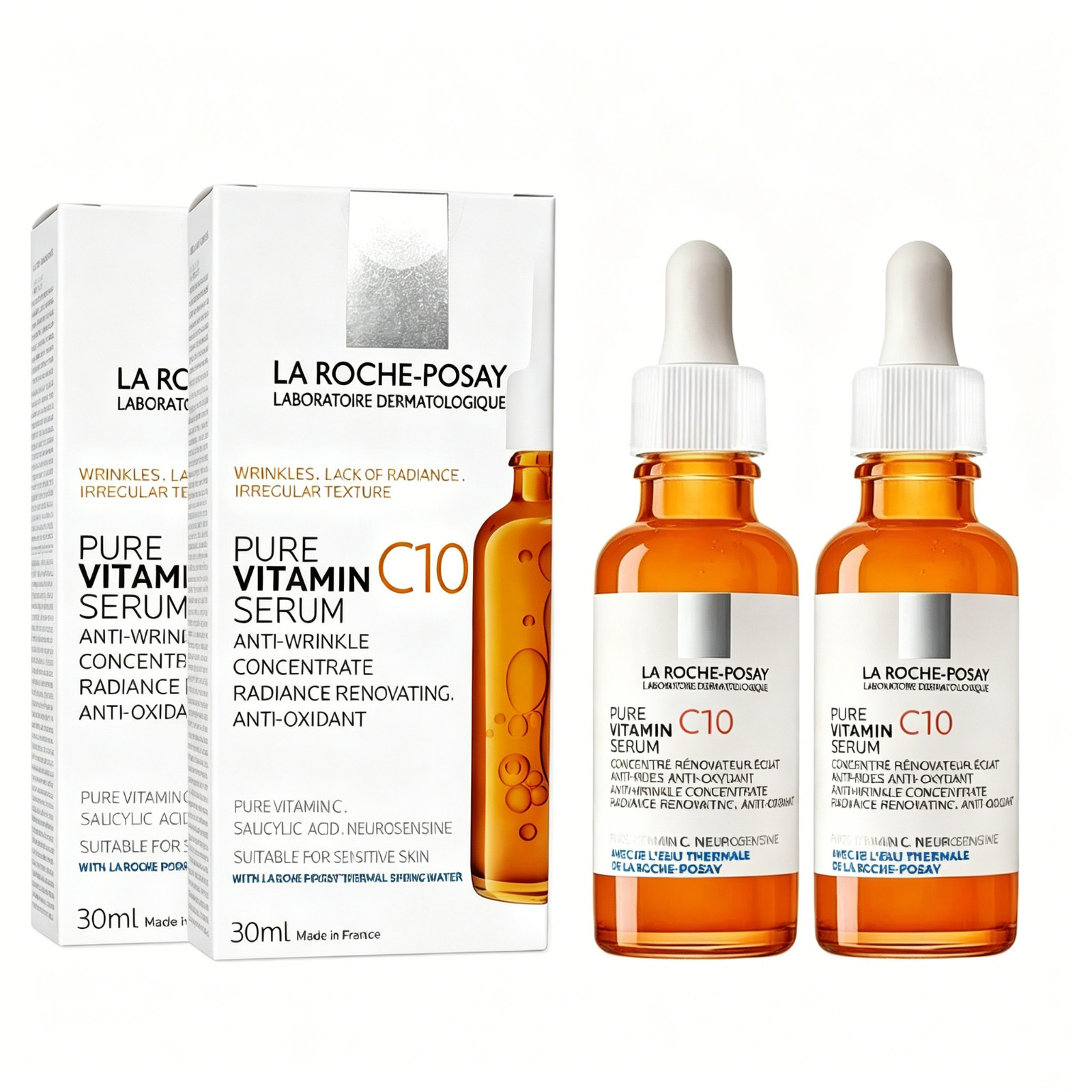 2X La Roche Posay 10% PURE VITAMIN C SERUM C10 Anti-Wrinkle Concentrate 30ml