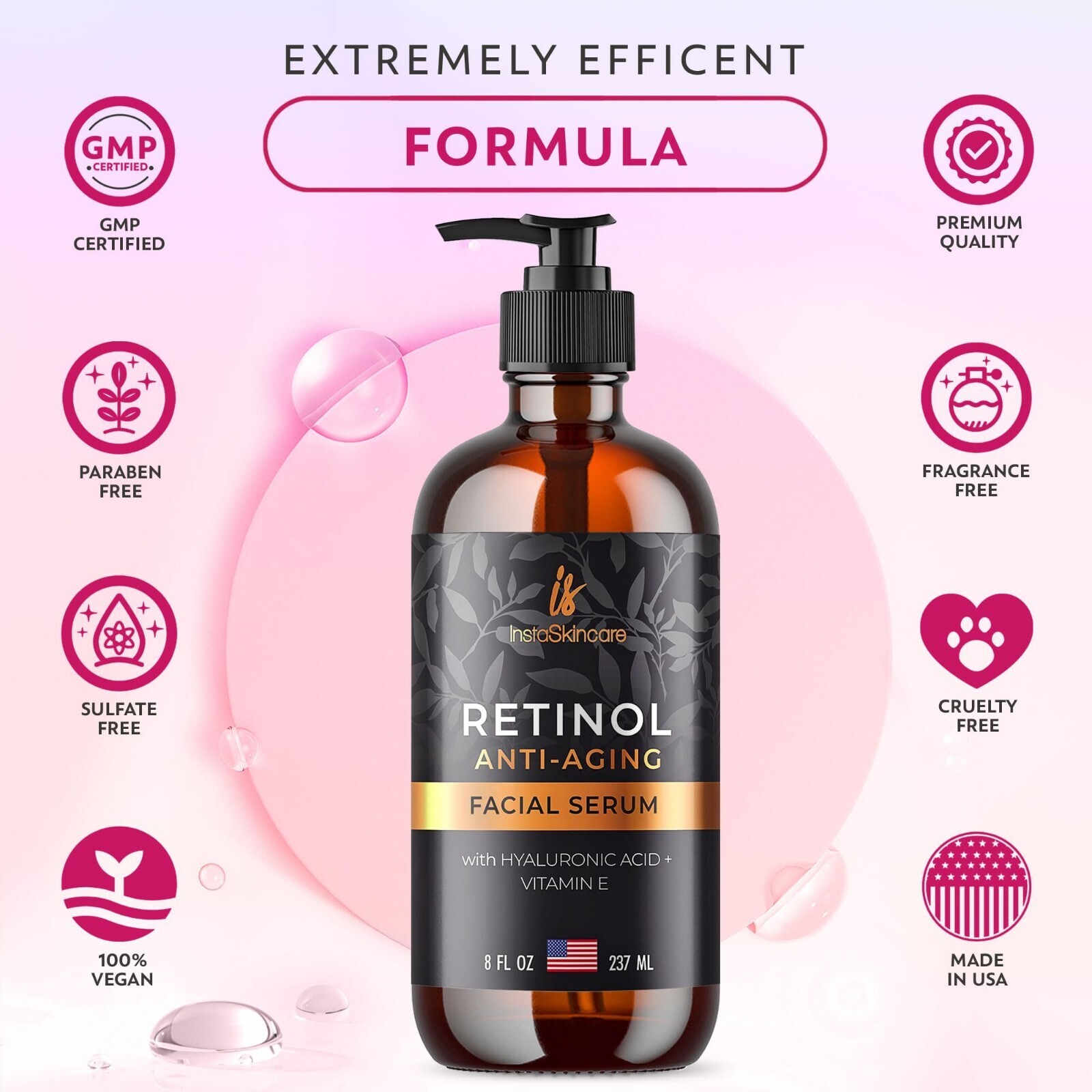 Retinol Serum for Face with Hyaluronic Acid + Vitamin E and A + Aloe Vera (8Oz)