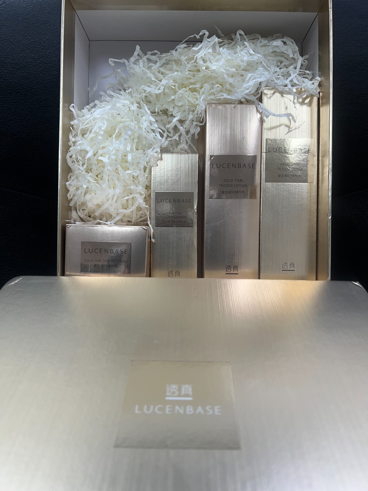 Lucenbase 4pcs set. Gold time Frozen Cream, Essence, Lotion & Toner. NIB -“Rare”