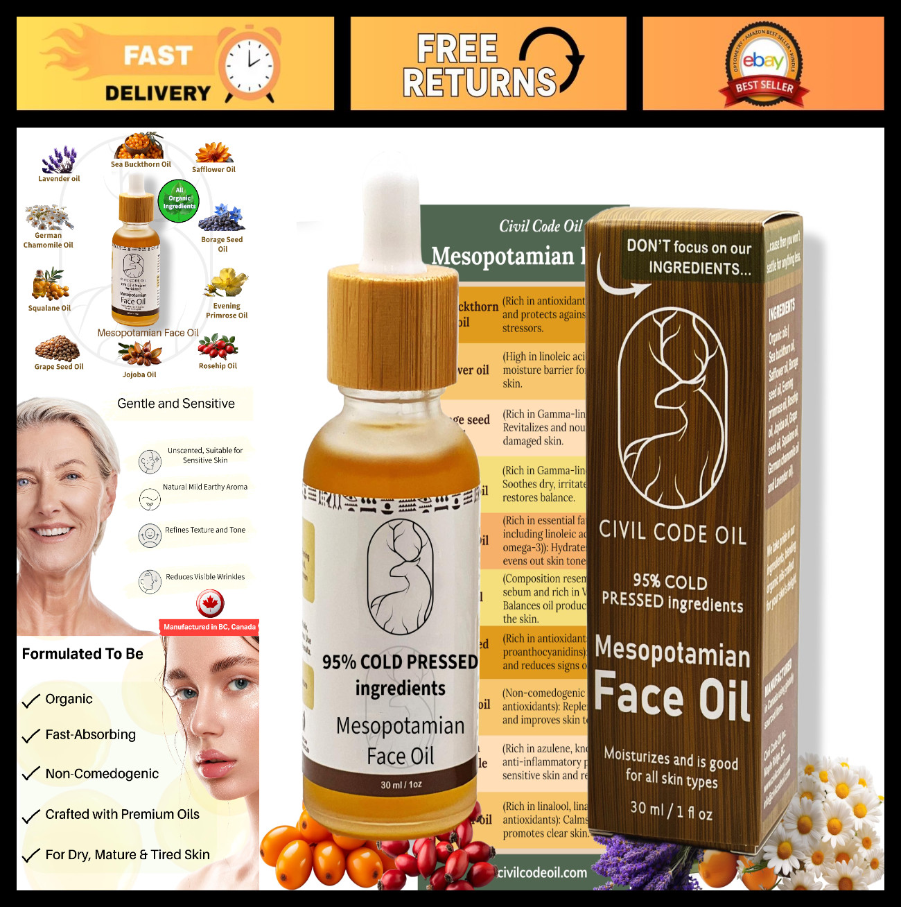 Organic Anti-Aging Face Oil for Women – Hydrating Sea Buckthorn & Jojoba, 1oz