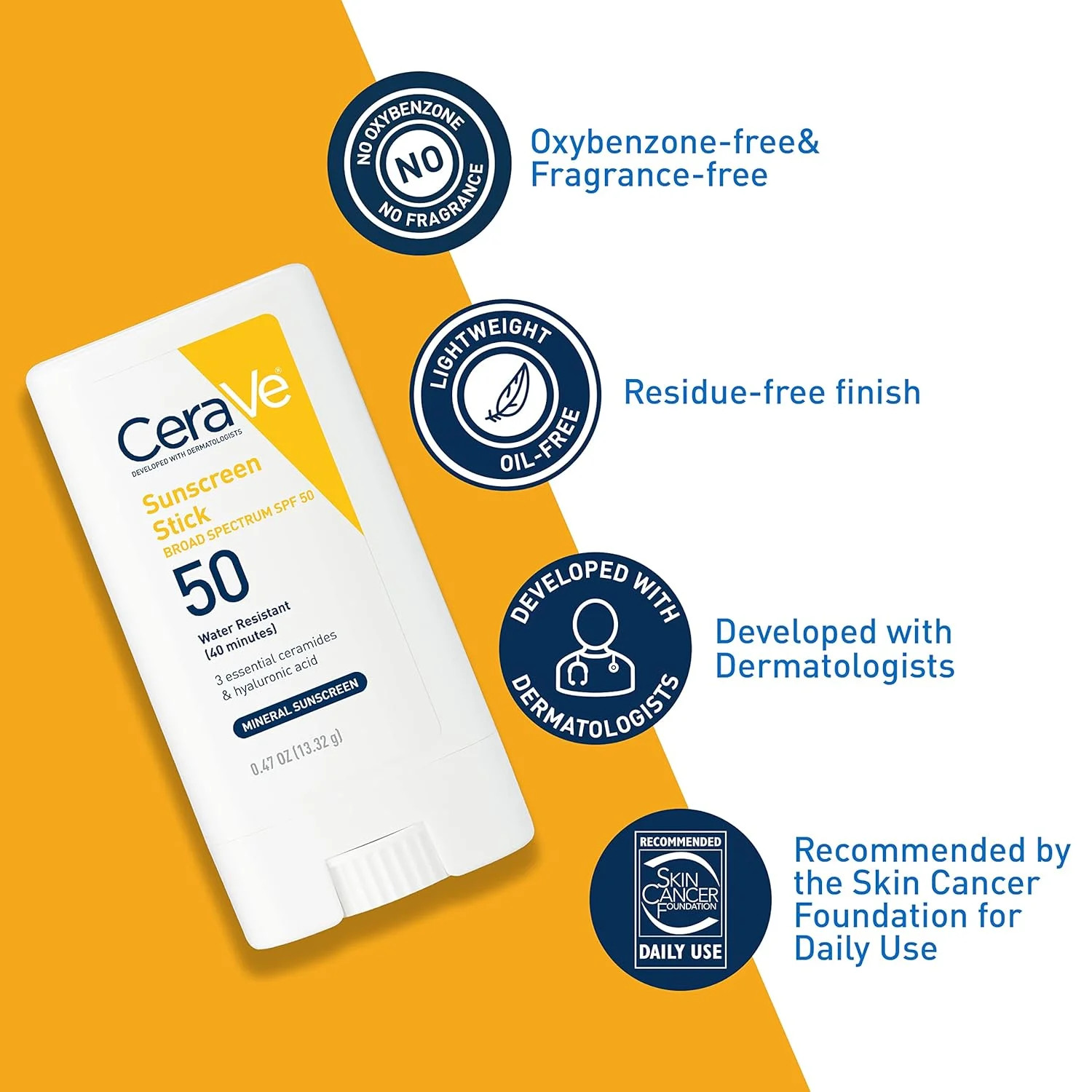 CeraVe Mineral Sunscreen Stick SPF 50, Broad Spectrum SPF + Hyaluronic Acid + Ce