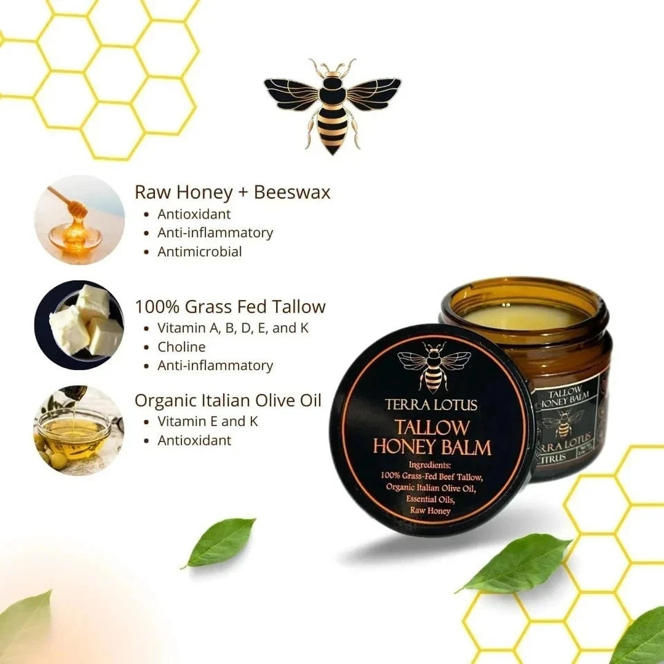 Terra Lotus Organic Beef Tallow Balm w/ Raw Honey Citrus Moisturizing Cream 2oz