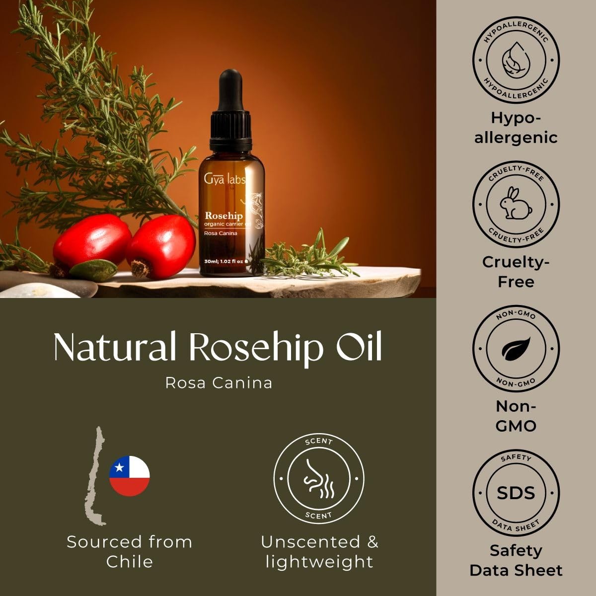 Organic Rosehip Oil for Face – 100% Pure Natural Vegan Rosehip Seed Carrier Oil
