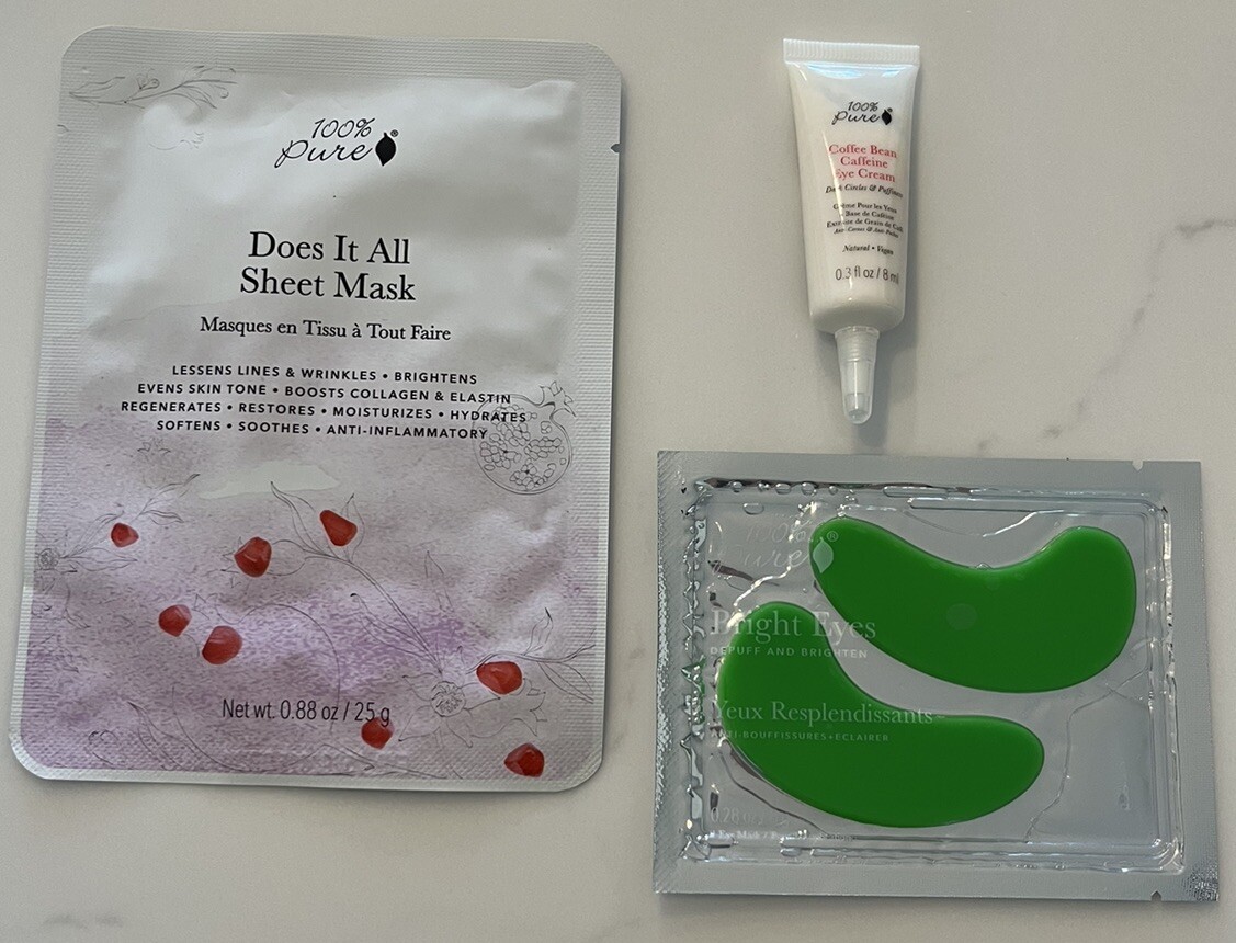 100% PURE Coffee Bean Eye Cream, Does It All Face Sheet Mask & Bright Eyes Mask