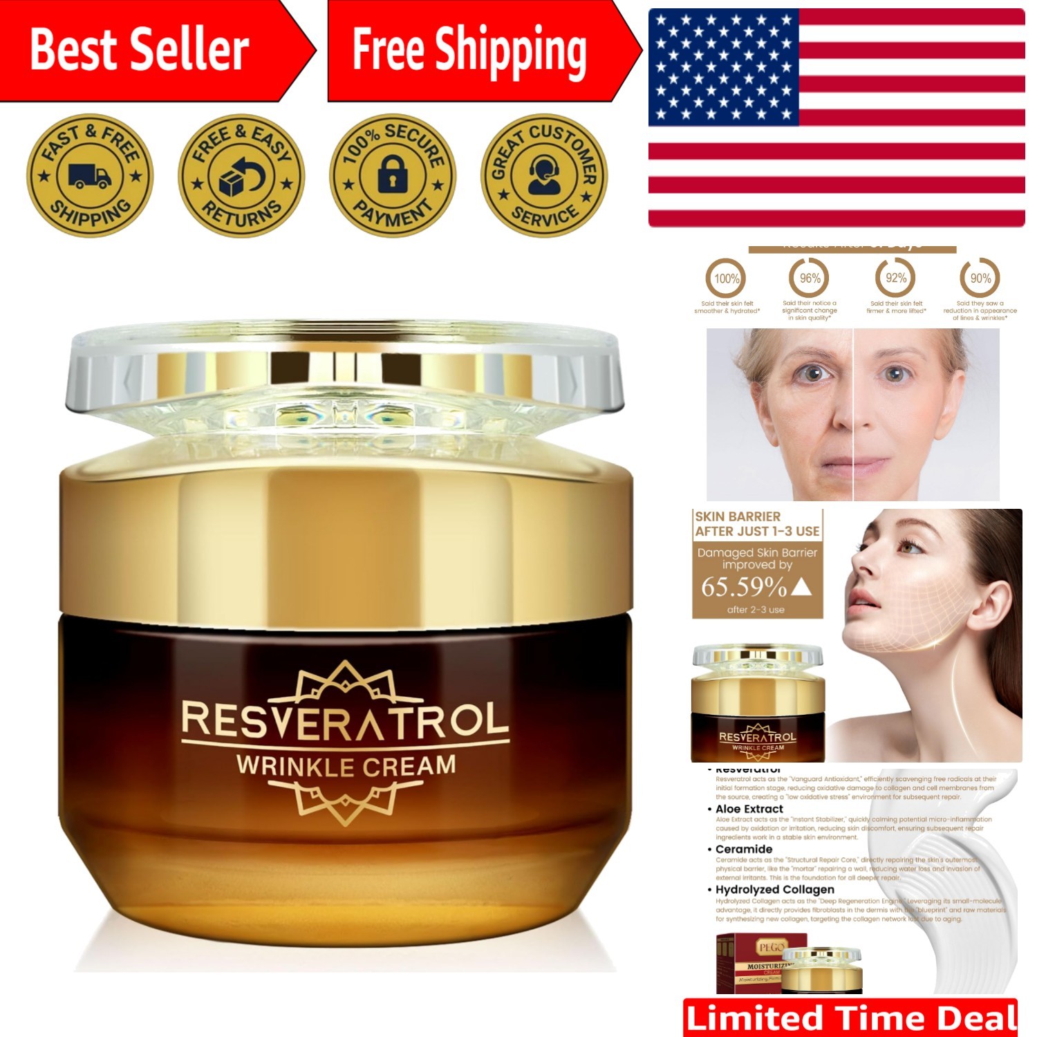Resveratrol Wrinkle Cream, Anti Aging Face Cream for Women, Promote Firmer Sk…