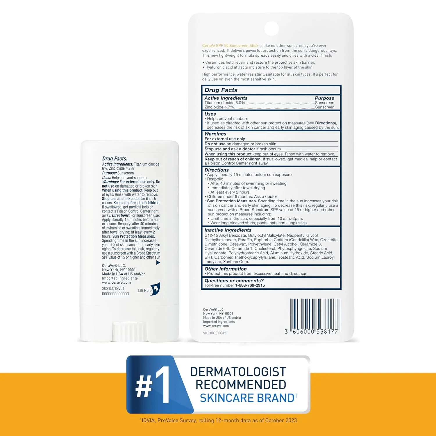 CeraVe Mineral Sunscreen Stick SPF 50, Broad Spectrum SPF + Hyaluronic Acid + Ce