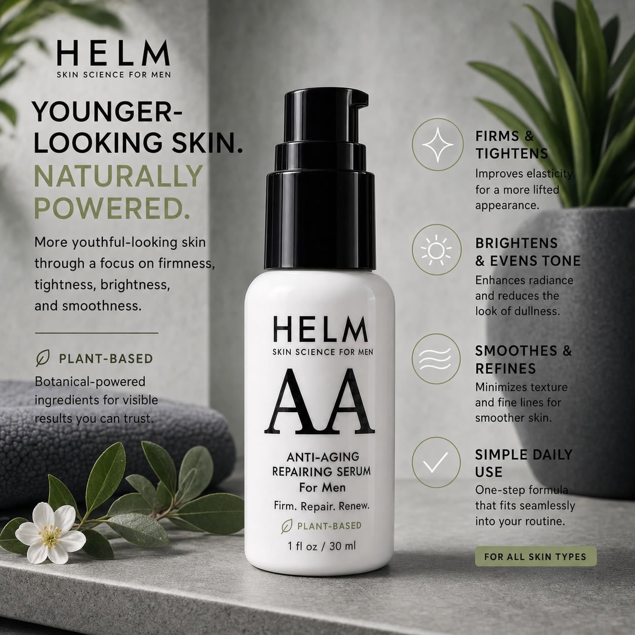 Helm Anti-Aging Serum Plant-Based Firmer Tighter Brighter Smoother Youthful Skin