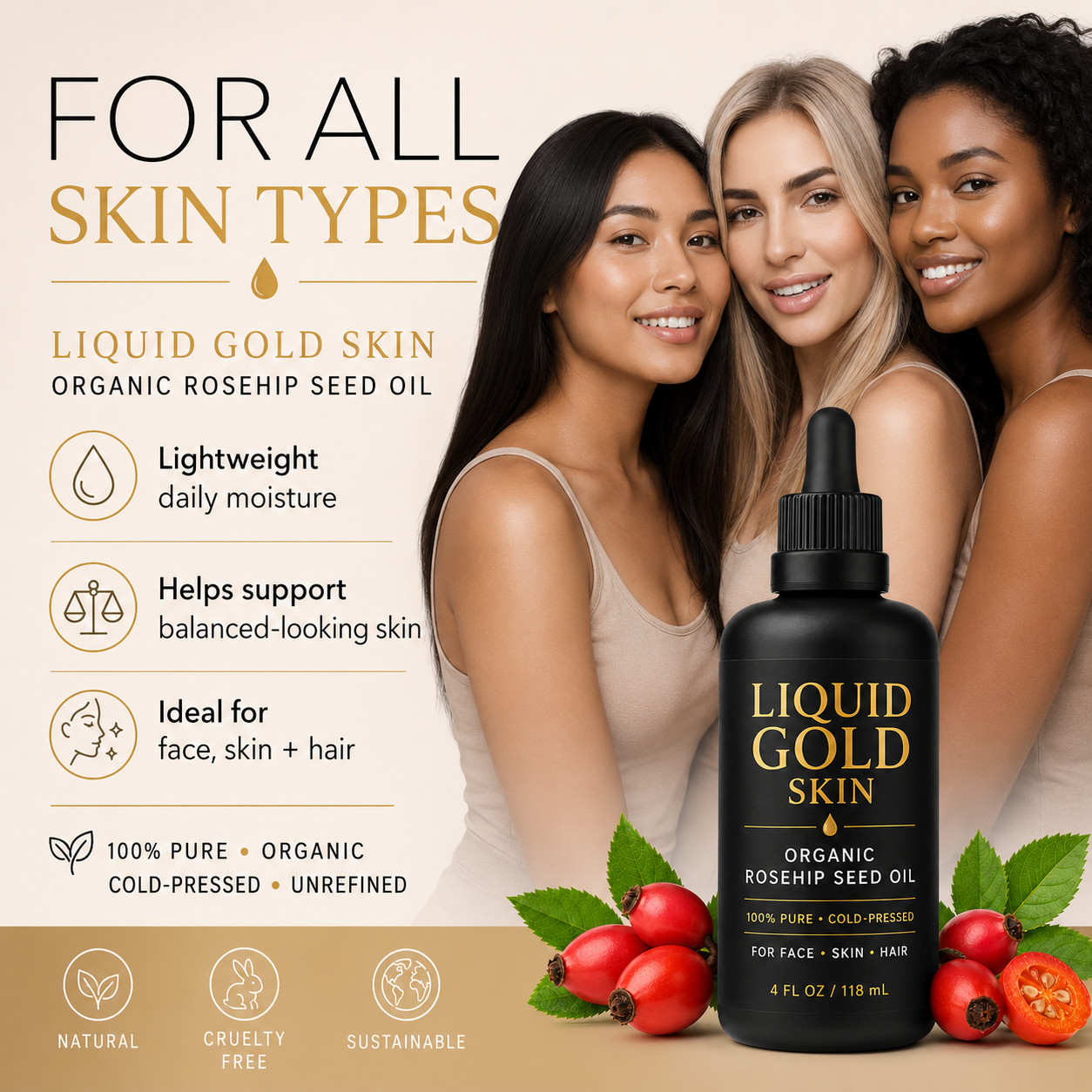 LIQUID GOLD SKIN Organic Rosehip Seed Oil 100% Pure • Face, Skin & Hair