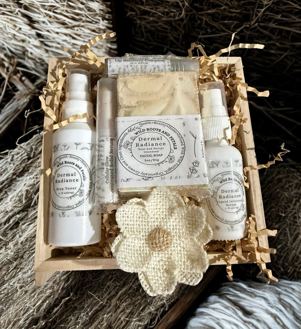 Wild Roots and Pure Dermal Radiance Gift Basket Set Toner Serum Facial Soap 3oz
