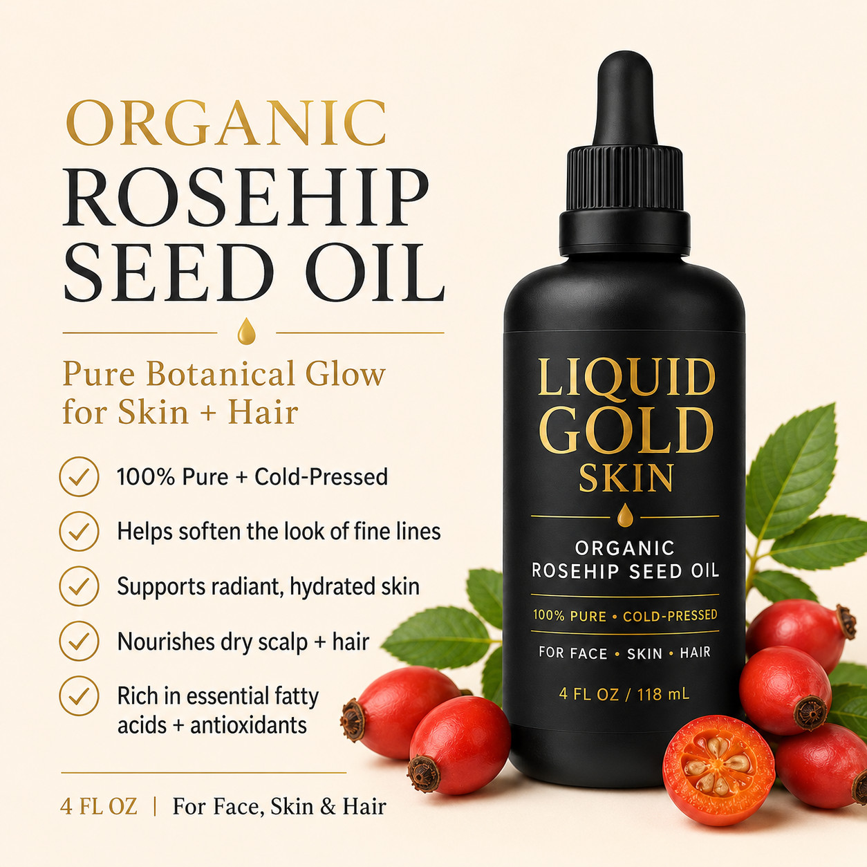 LIQUID GOLD SKIN Organic Rosehip Seed Oil 100% Pure • Face, Skin & Hair