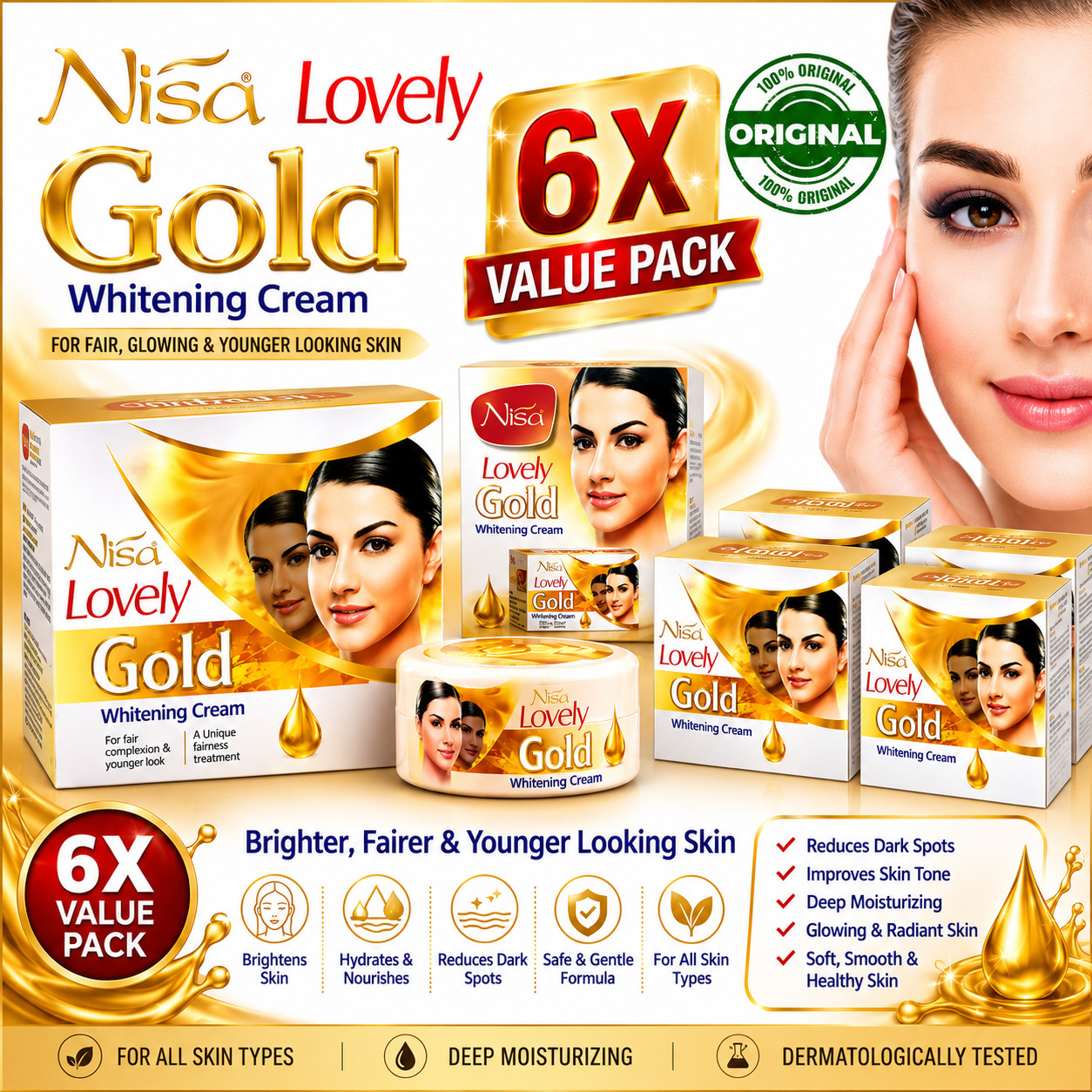 6Xnisa Lovely Gold Whitening Beauty Cream Natural Remove Pimple, Acne