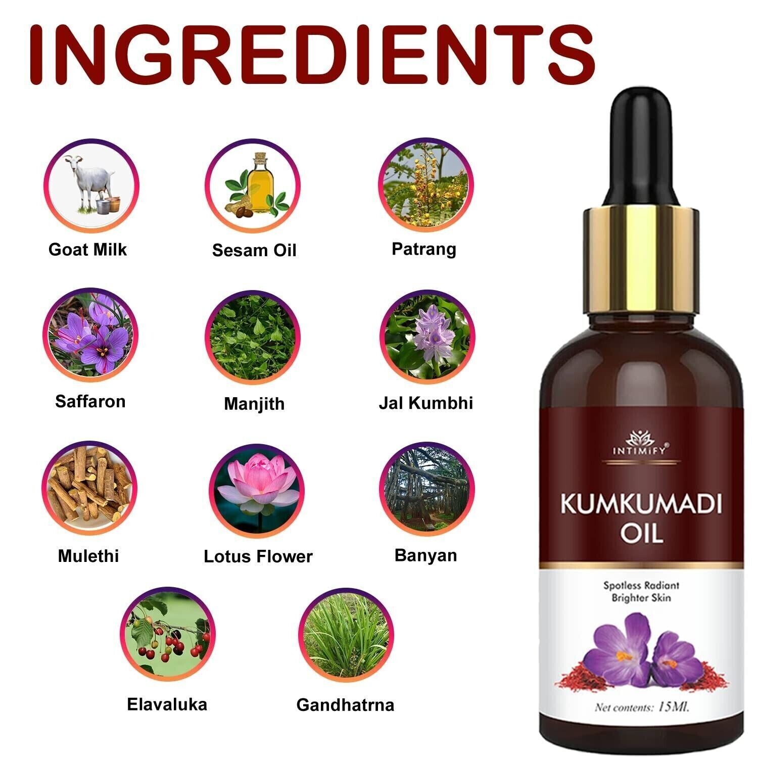 Kumkumadi Face Oil for Glowing Skin, Wrinkles, Whitening – 15 ml Free Shipping