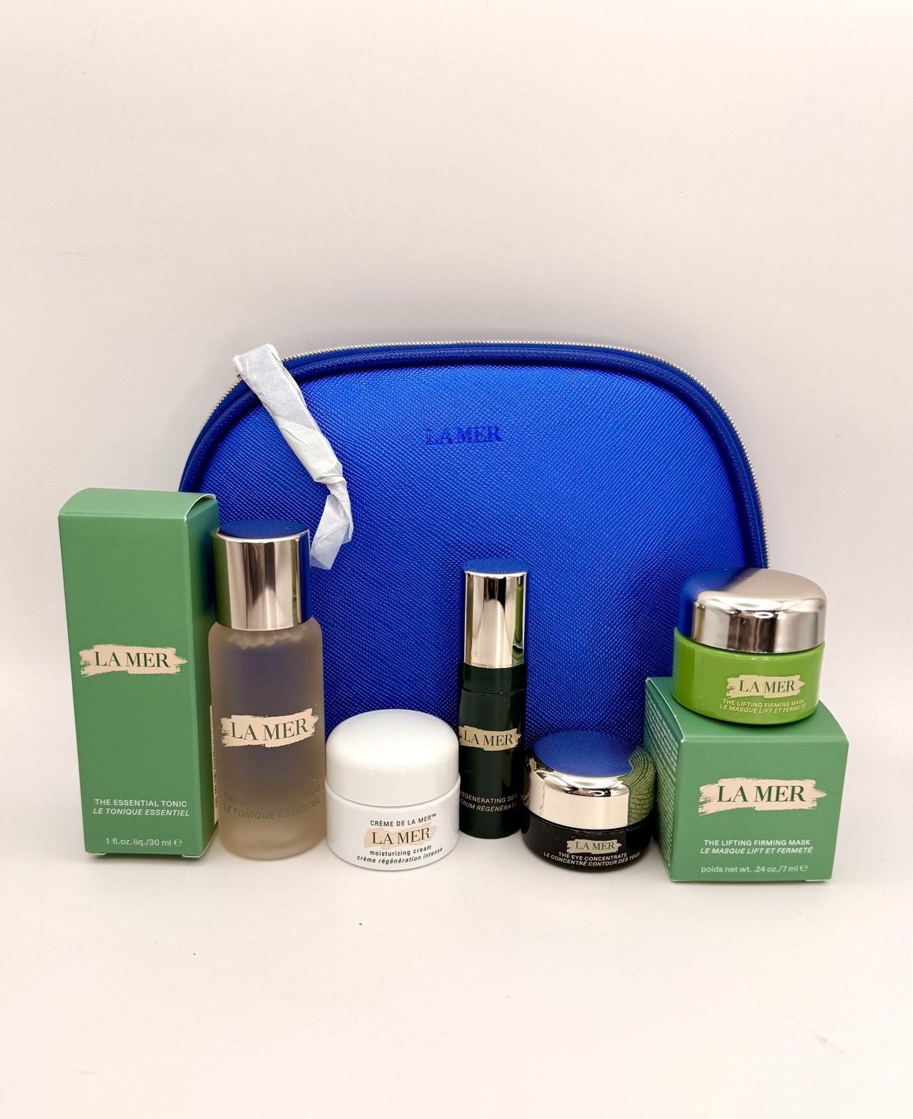 La mer 6pcs Anti-aging Travel Set: Eye Concentrate, Serum ,Cream, Mask W/Bag