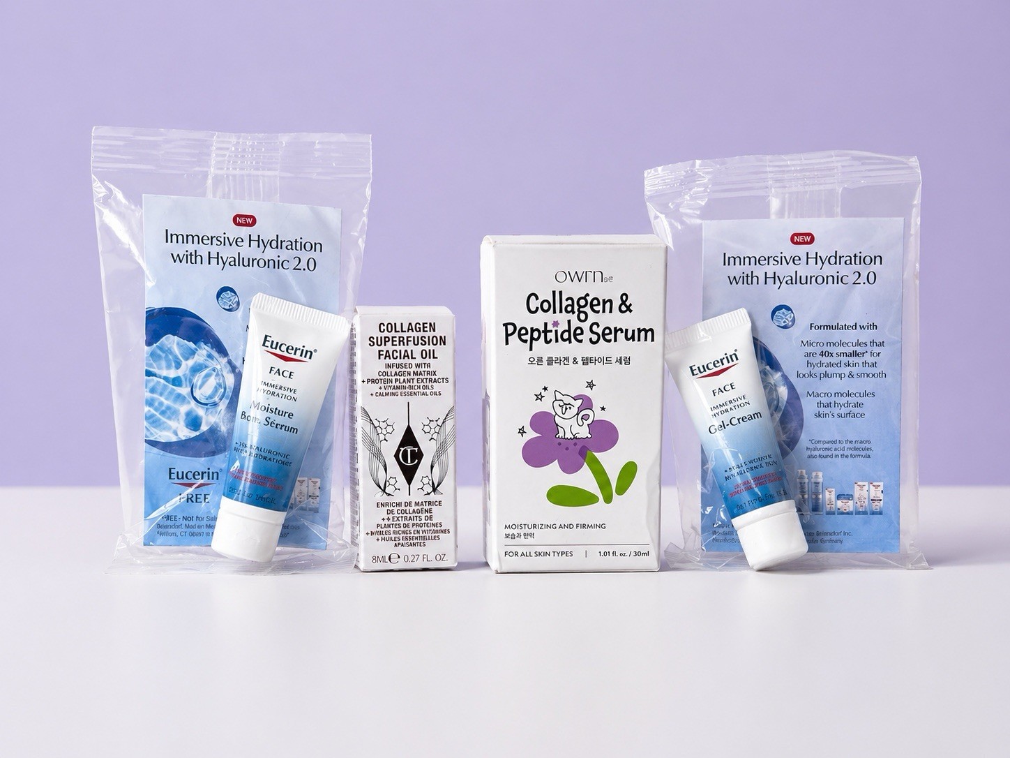 Eucerin Hydration, Collagen & Peptide Serum, and Charlotte Tilbury Facial Oil￼