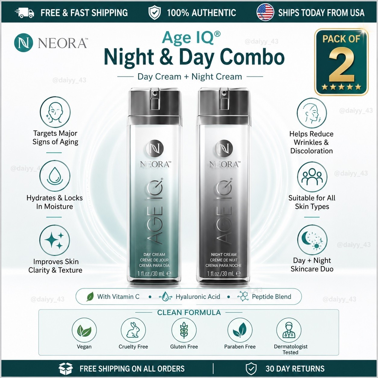Neora Nerium Age IQ Day & Night Creams Full Size 1 oz Sealed Expiration 10/26 +