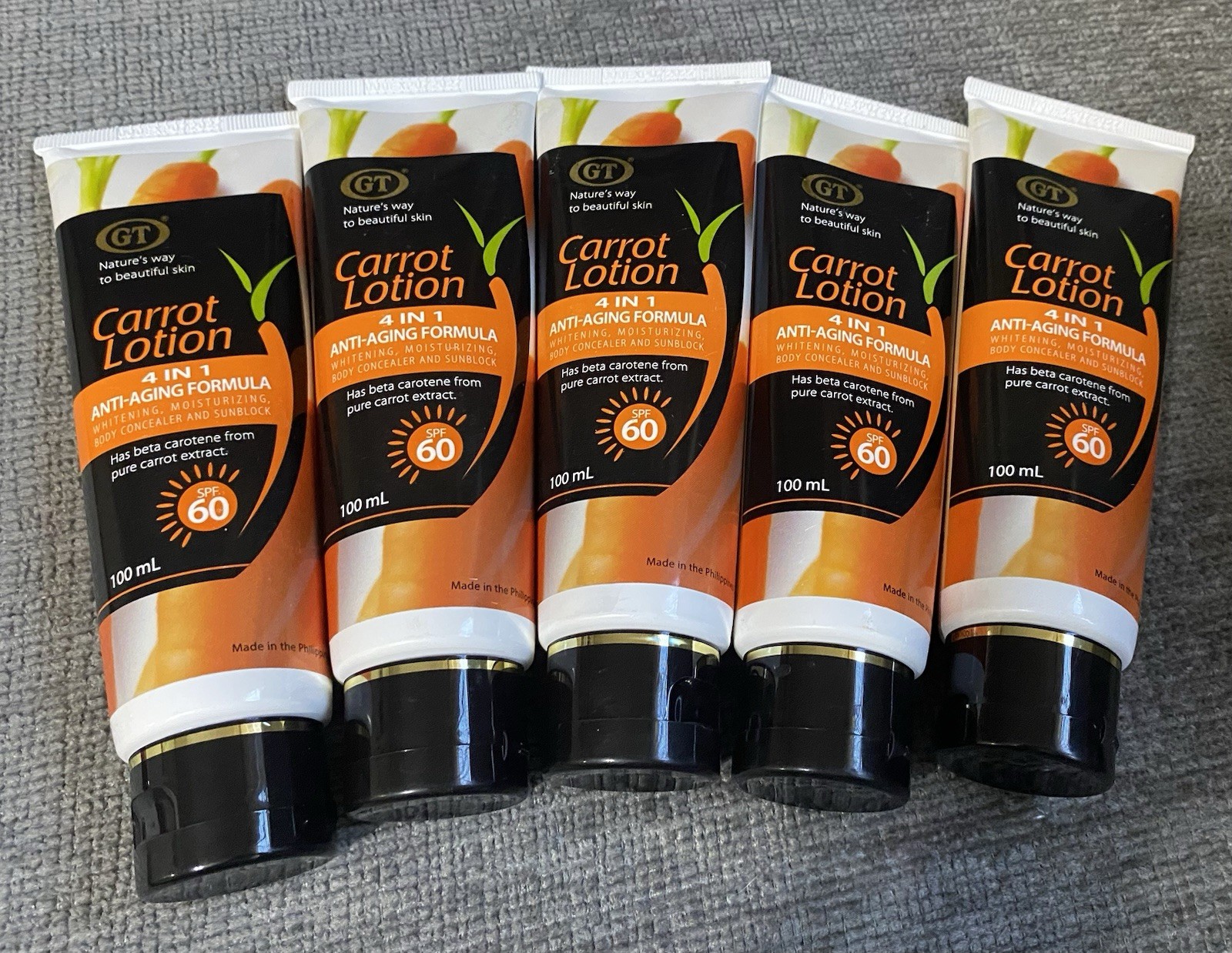 5pcs.GT CARROT LOTION 4in1 Anti Aging Formula SPF 60.100ml. Each