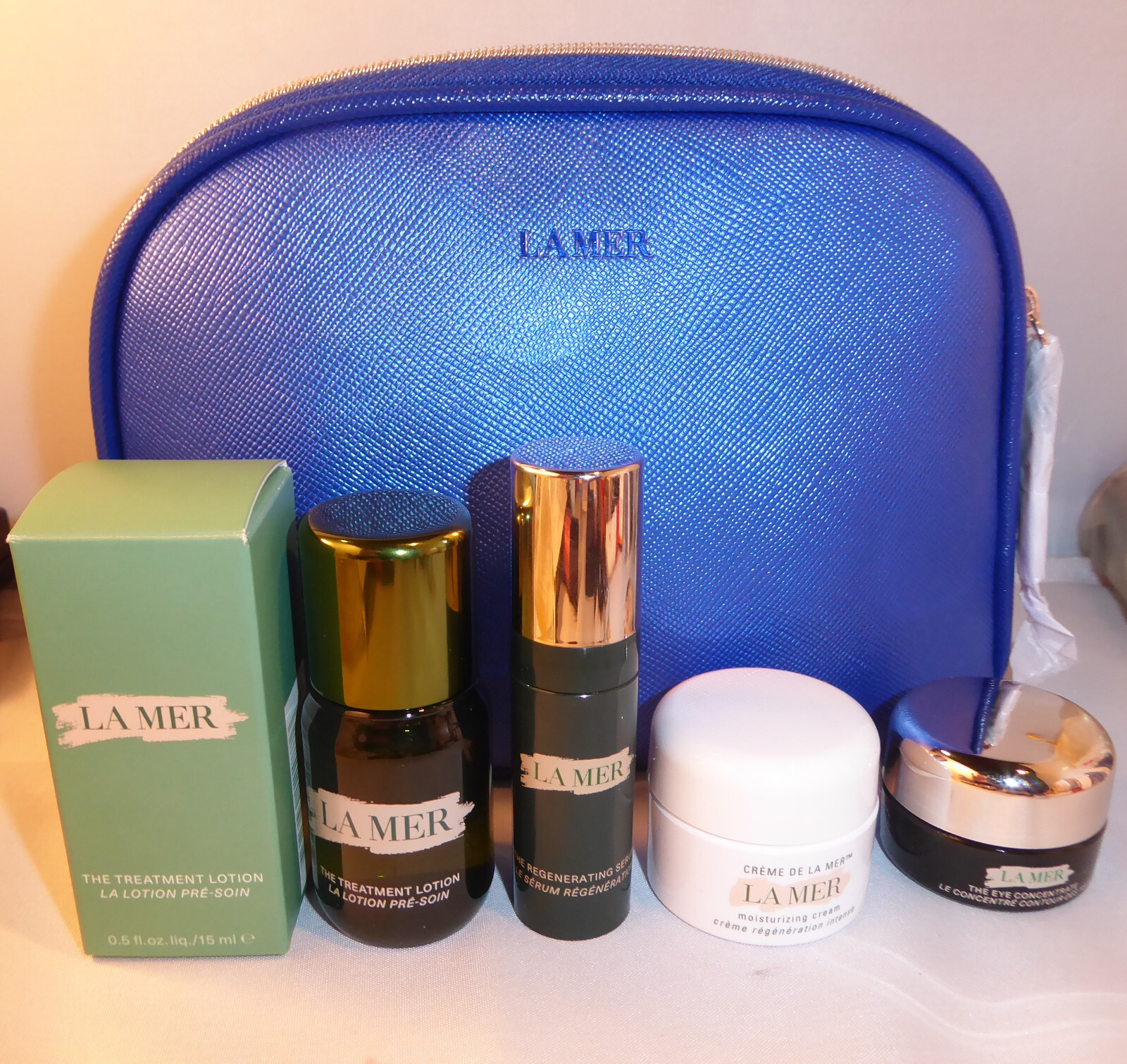LA MER 5PC Mini Gift Set Blue Bag, Treatment Lotion, Cream, Serum, Eye Cream NEW