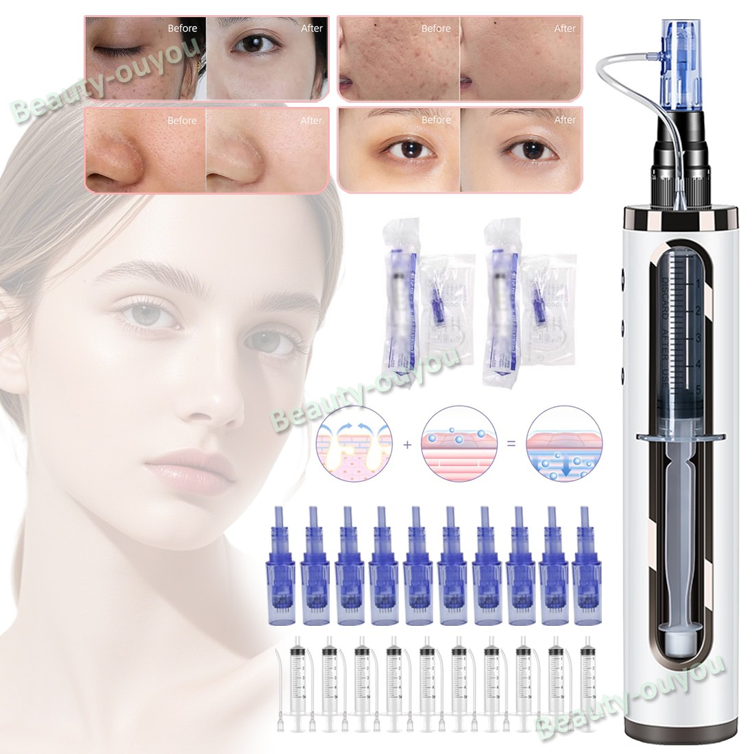 Micro Pen Mesotherapy & 10Pcs 12Pin Replacement Needle Cartridges Tips Face Care