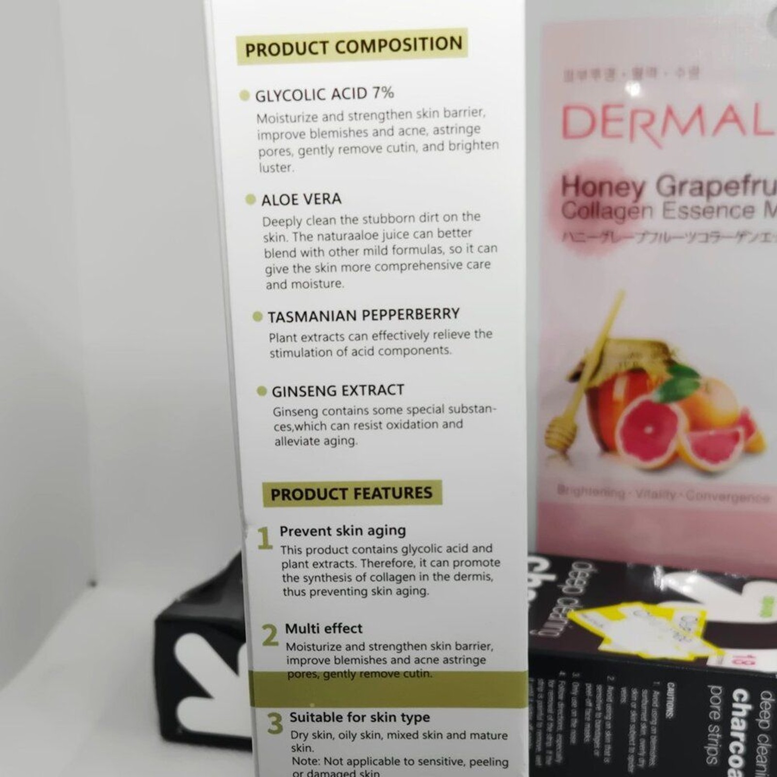 Beauty Bundle NEW Charcoal Pore Strips, Glycolic Acid & Dermal Collagen Mask