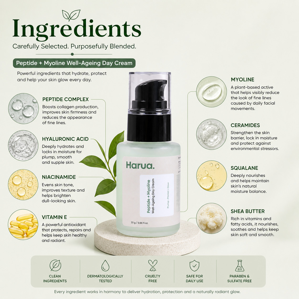 Harua Peptide Myoline Day Cream 20g Travel Size Firming Anti-Age Moisturizer