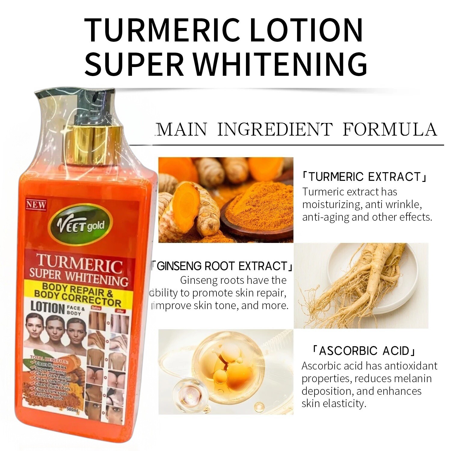 💯 Original 2-pc Veet gold Turmeric Whitening Lotion + Oil Face Body USA Stock