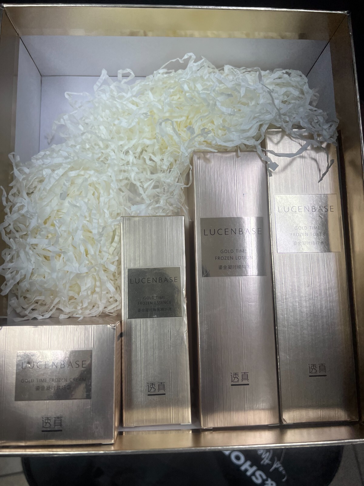 Lucenbase 4pcs set. Gold time Frozen Cream, Essence, Lotion & Toner. NIB -“Rare”