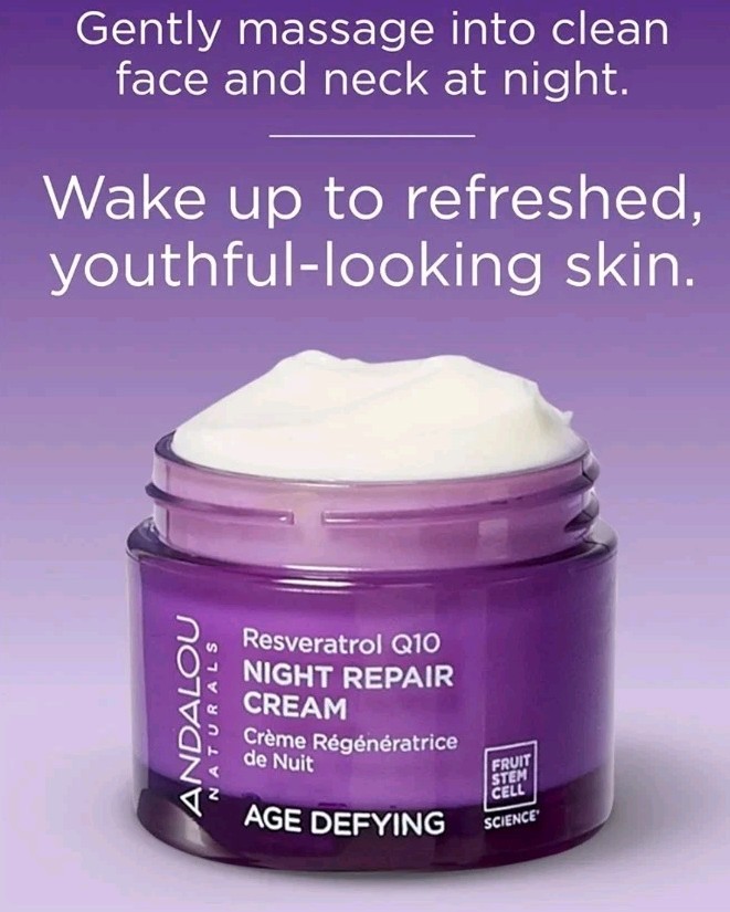 Andalou Naturals Resveratrol Q10 Night Repair Cream 1.7 oz Age Defying