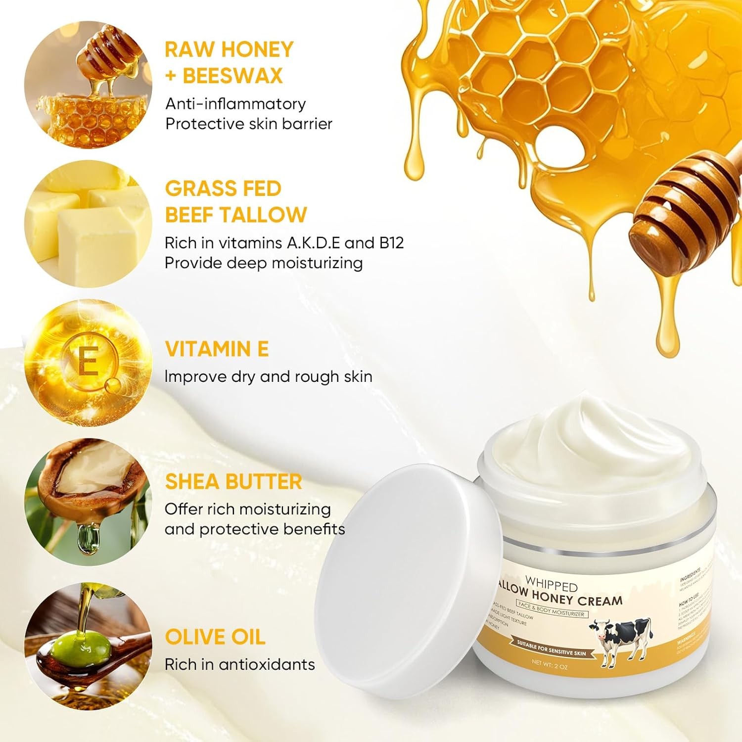 Beef Tallow for Skin & Face, Organic Grass Fed Beef Tallow Balm,All Organic Whip
