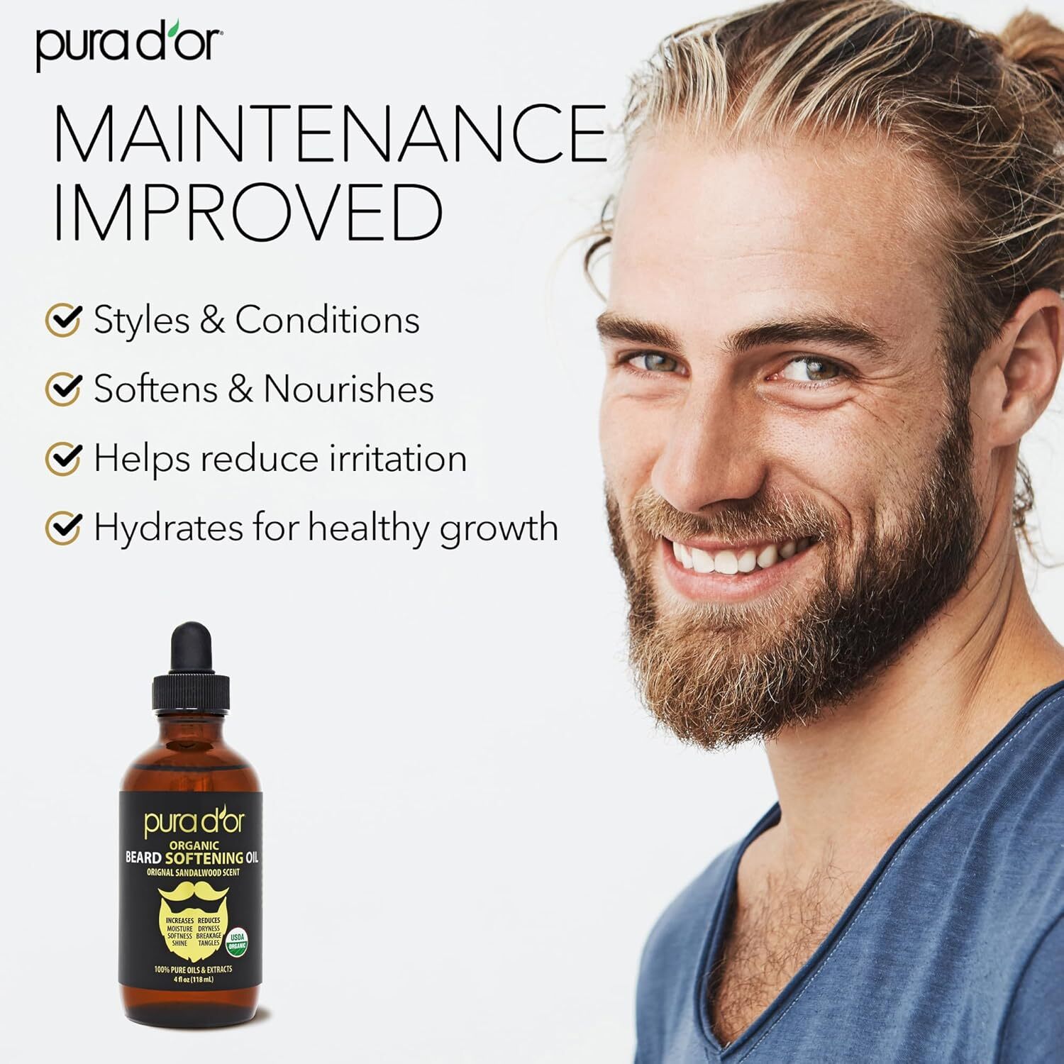 PURA D’OR Dor Organic Beard Oil 4oz VALUE SIZE for Groomed Beard & Mustache