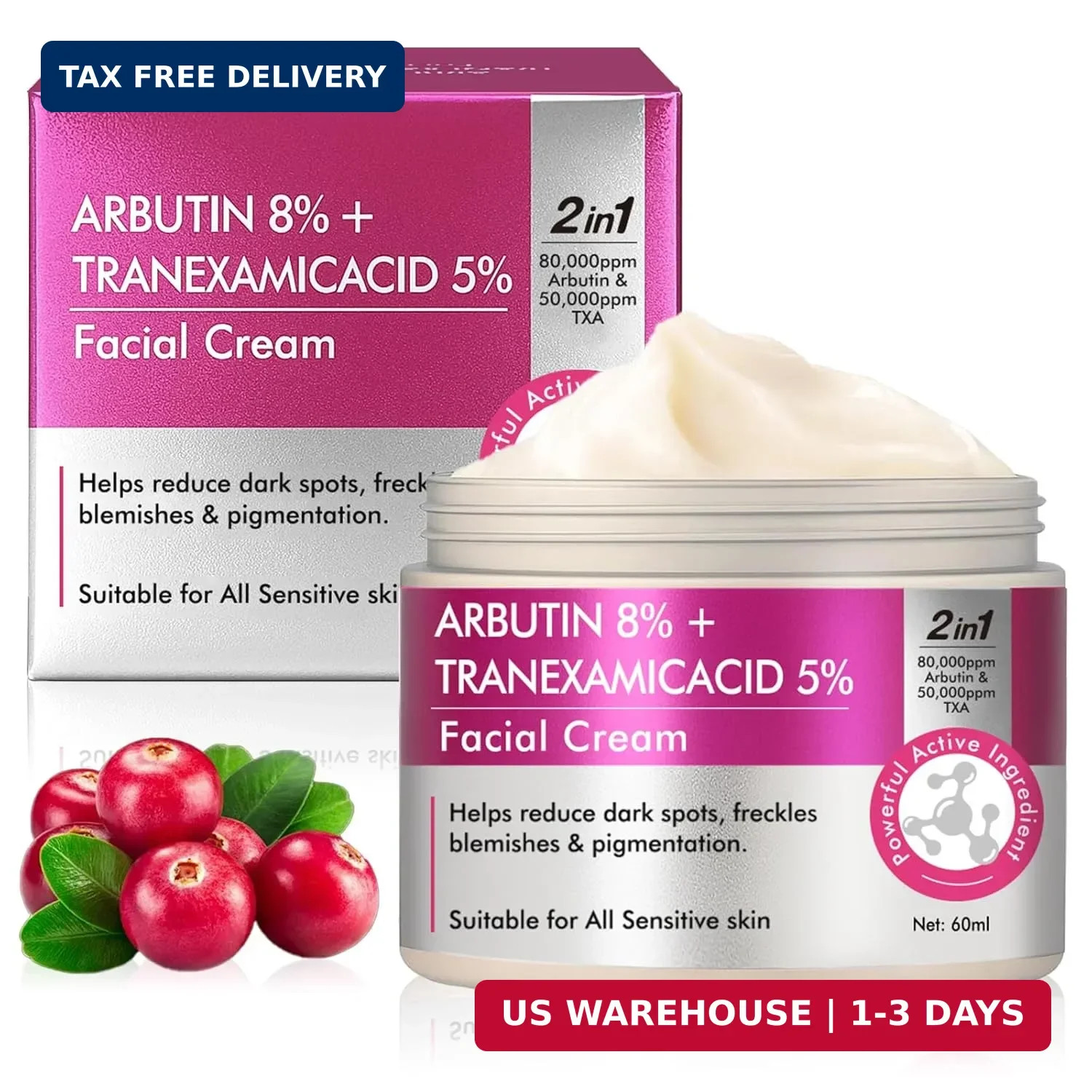 AiRunTech Arbutin 8% & Tranexamic Acid 5% Cream, Help Fade Dark Spots, Freckles,