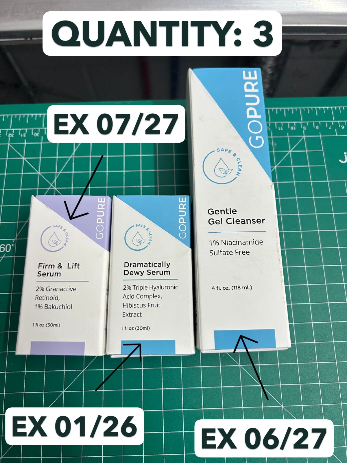 3-pack GoPure Hyaluronic Acid Firm Lift Dramatically Dewy Serum 1oz Gel Cleanser