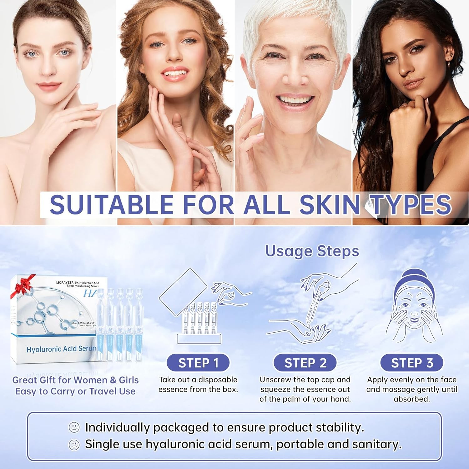 30 Pcs 5% Hyaluronic Acid Serum Ultra-Hydrating Vials, Hyaluronic Acid Tubes, Wa