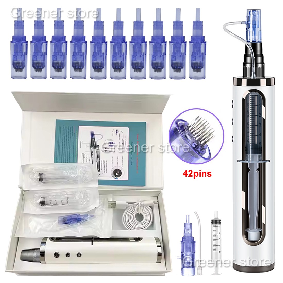 Micro Pen Mesotherapy & 10-100Pcs 42Pin Replacement Needle Cartridges Face Care