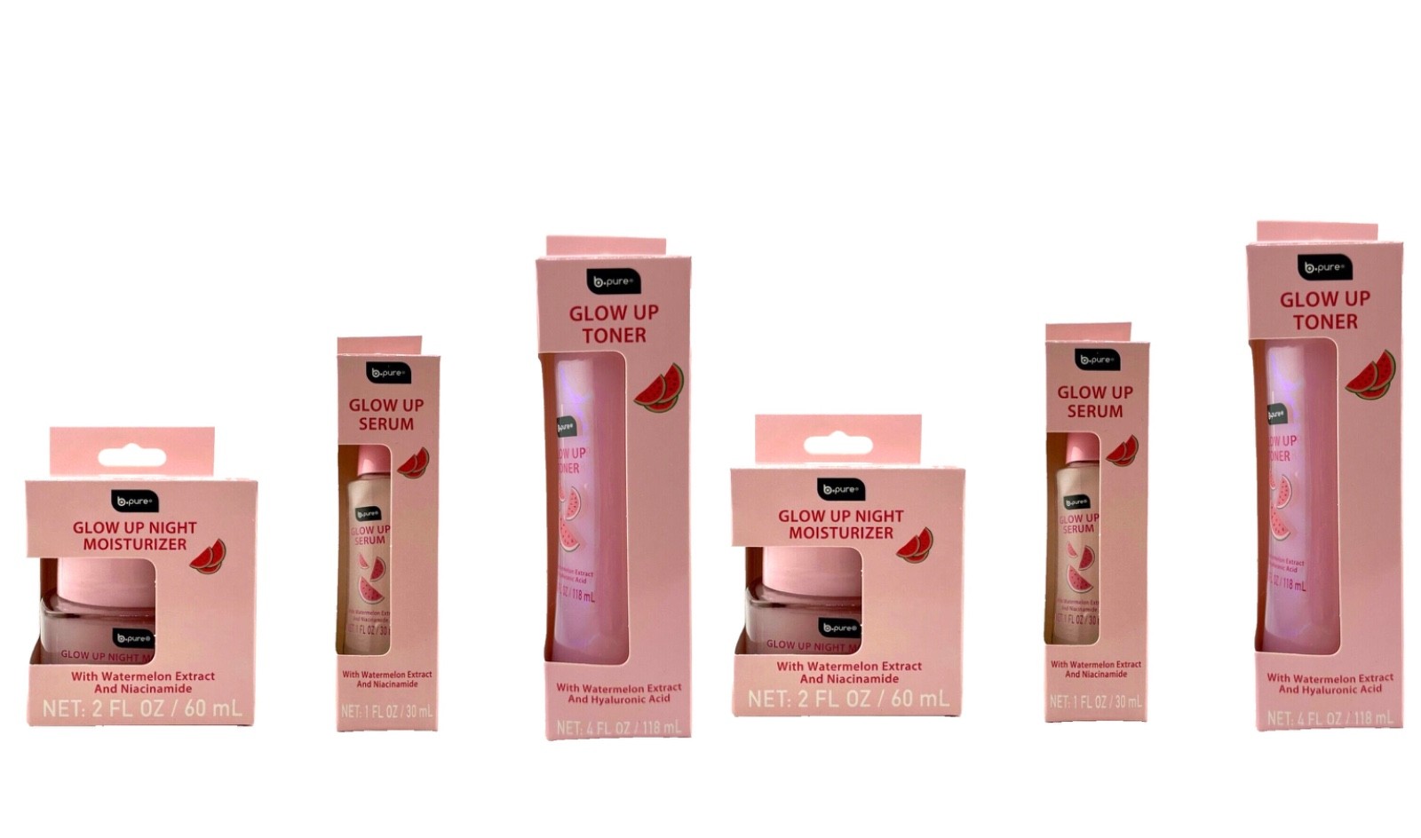 B-Pure Watermelon Glow Up Night Moisturizer, Serum & Toner – 2 Sets