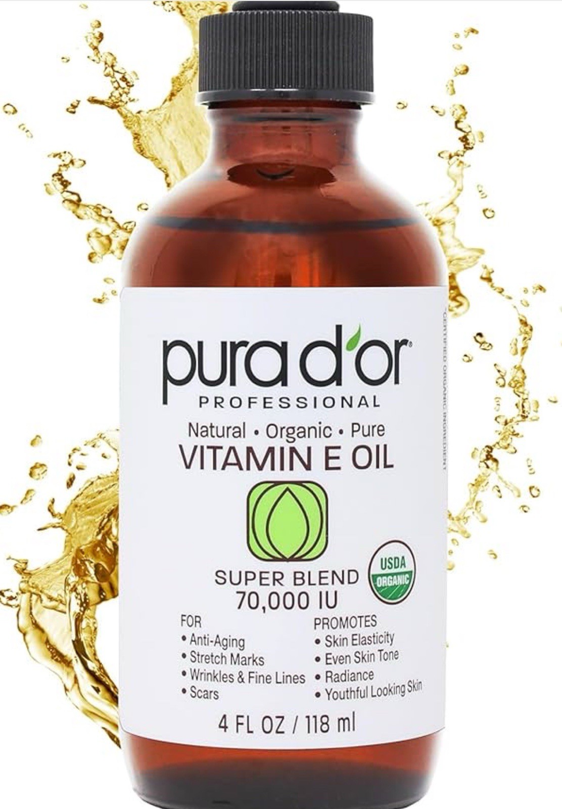 PURA D’OR Dor Organic Vitamin E Oil Super Blend 70,000 IU, 4 OZ