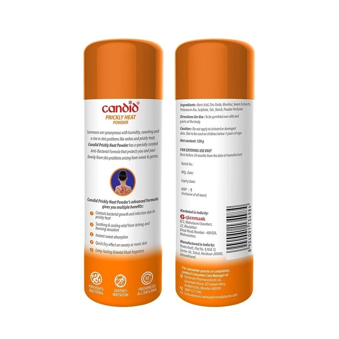 2 X Candid Prickly Heat Powder Cooling Effect On itching With Sandalwood 120gm
