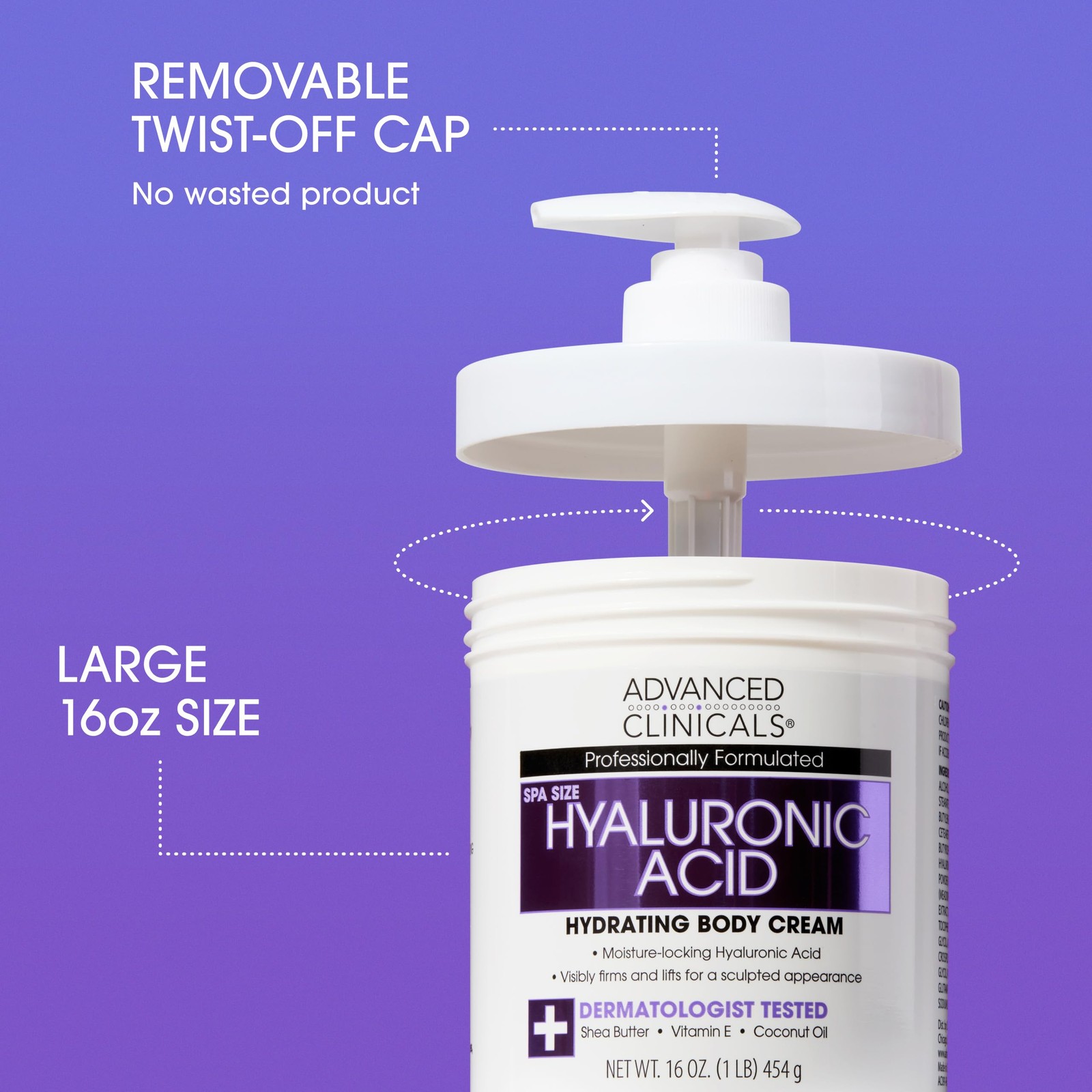 Advanced Clinicals Spa Size Hyaluronic Acid Cream for Fast Skin Hydration 16oz