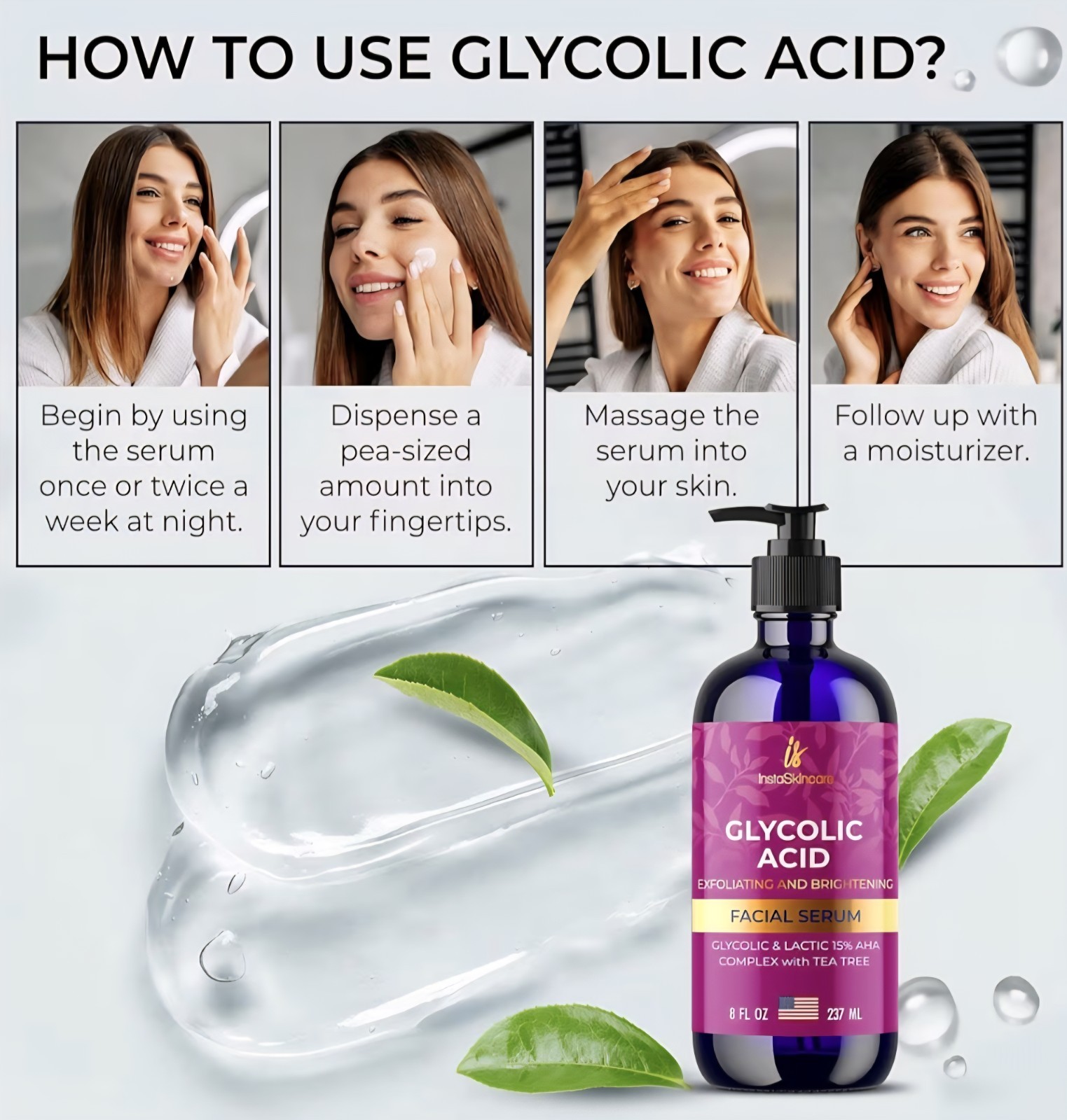 InstaSkincare 15% Glycolic Acid Serum~ 2PK.2oz~AHA Exfoliating w Lactic Acid