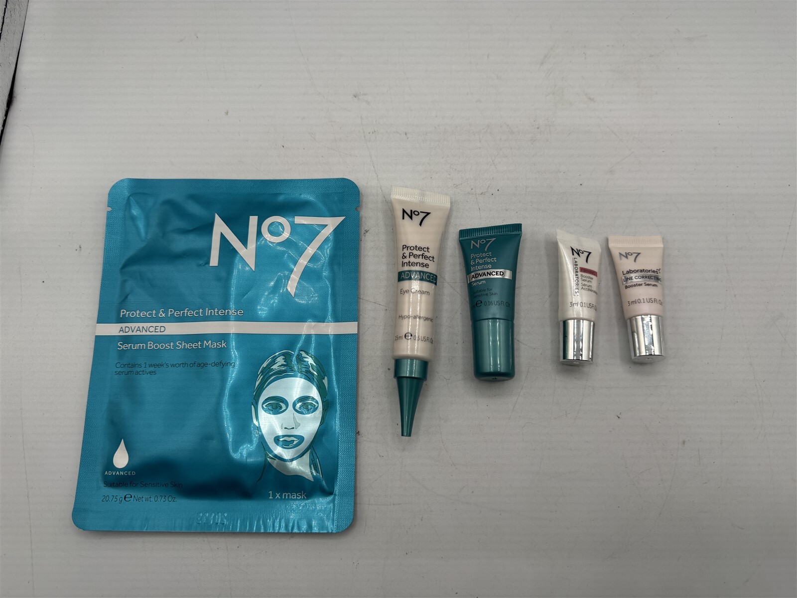 NO 7 LOT SHEET MASK – EYE CREAM – ADVANCED SERUM – FIRMING BOOSTER SERUM – LINE