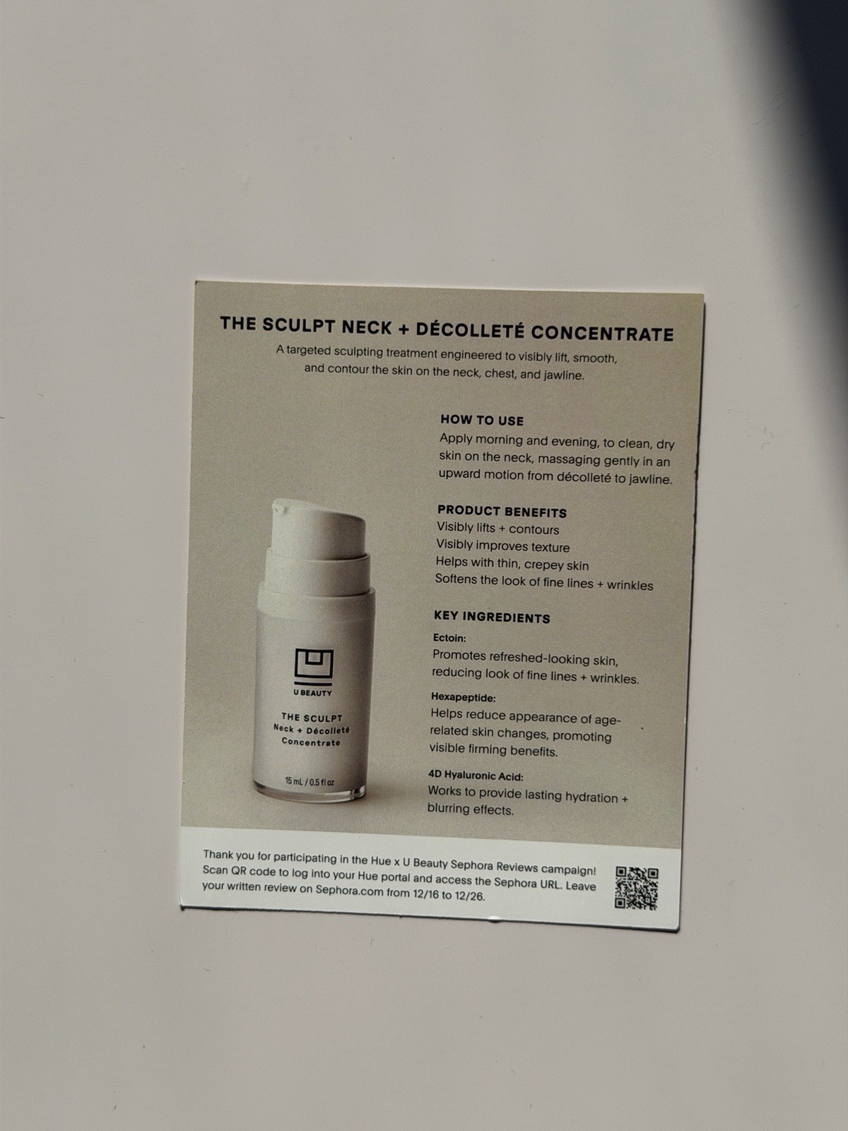 U Beauty The Sculpt Neck + Decollete Concentrate, HA Hexapeptide, 15 mL