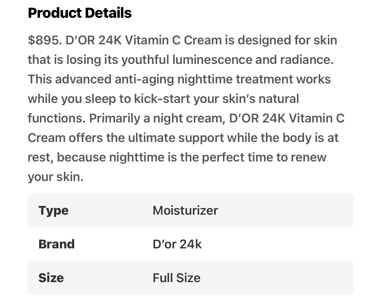 $895. D’OR24K PRESTIGE Vitamin C Concentrated Cream 50ML-1.7FL.OZ Brand New! FS