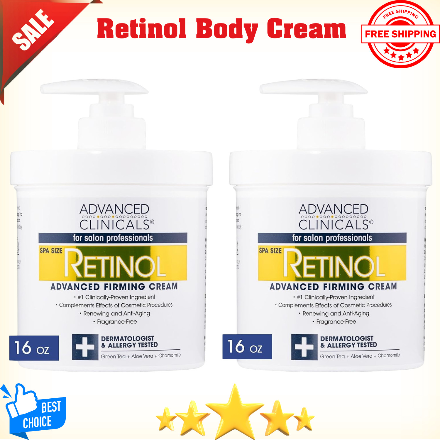 Advanced Clinicals Retinol Cream Face Moisturizer | Crepey Skin, 16 Oz (2Pack)