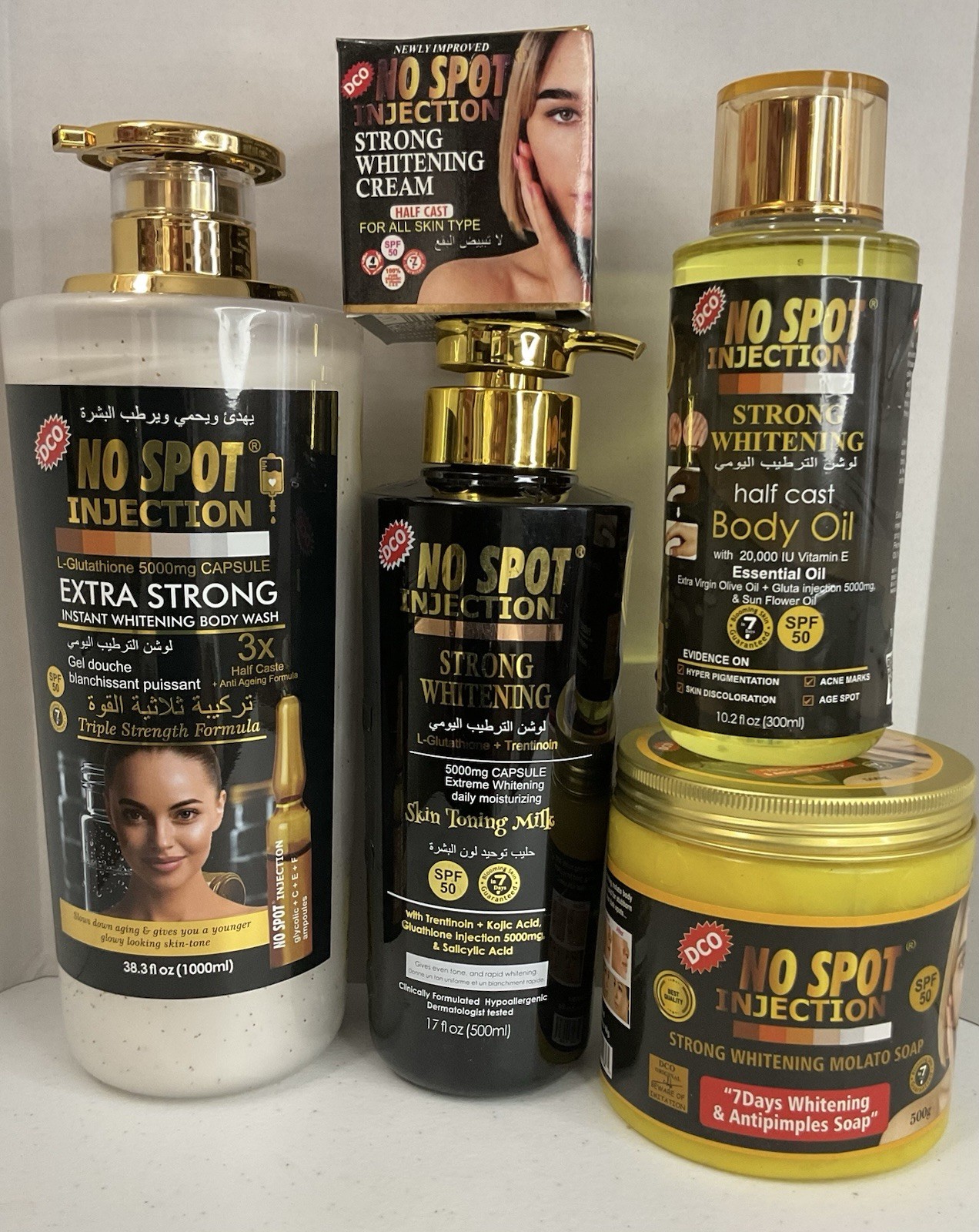 NO SPOT INJECTION Body Wash, Body Soap, Lotion, Face Cream & Oil 5-Piece Combo